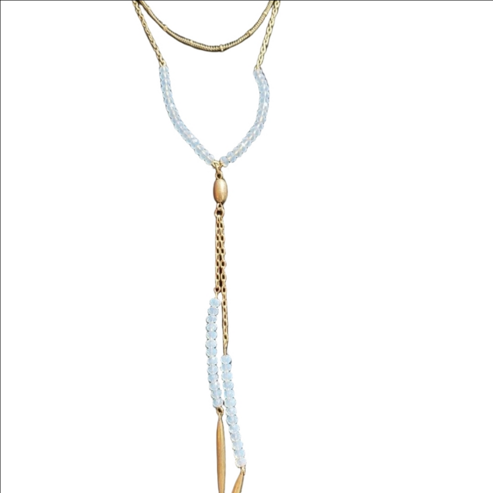 Long gold clear beaded multistranded necklace